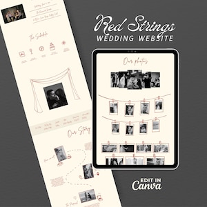 May include: A wedding website design with a cream background and red accents. The design includes a tablet displaying photos, and a webpage layout with text and icons. The words "Red Strings Wedding Website" are at the top.