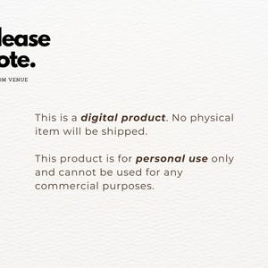 Op de afbeelding: Tekst op een witte achtergrond die "please note." luidt. Onder de tekst staat "CUSTOM VENUE". De tekst eronder luidt "Dit is een digitaal product. Er wordt geen fysiek product verzonden. Dit product is alleen voor persoonlijk gebruik en mag niet voor commerci&euml;le doeleinden worden gebruikt."
