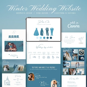 May include: A digital wedding website template with a whimsical design. The design features a tablet displaying dress code options, wedding day schedule, and photos. The text includes "Winter Wedding Website" and "edit in Canva."