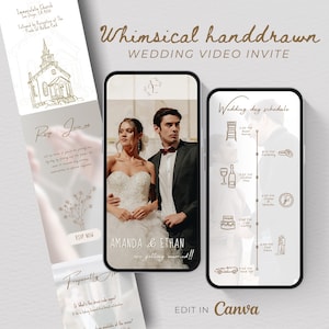Könnte beinhalten: Eine Hochzeit Videoeinladung mit einem skurrilen, handgezeichneten Design. Die Einladung zeigt ein Foto eines Paares, einen Hochzeitsablauf und den Text "Amanda & Ethan are getting married!!" Das Design enthält den Text "Edit in Canva".