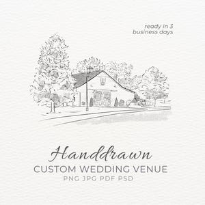 Aangepaste trouwlocatie illustratie gepersonaliseerde handgetekende digitale locatieschets bruiloftsuitnodiging aangepaste tekening van foto-geïllustreerde locatie afbeelding 1