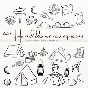 60+ Hand Drawn Camp Icons Outdoor Whimsical Digital Art Camping Clipart Bachelorette Party Illustration Cabin Party Hand Drawn SVG PNG JPG