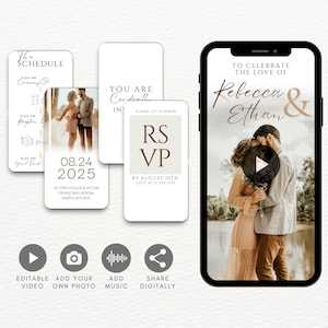 Save the Date Hochzeitsvideoeinladung Illustrierte Canva Hochzeitseinladungsvorlage Minimalistisches Hochzeitsprogramm Telefoneinladen Hochzeitsvideo