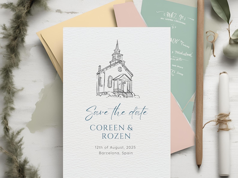 Op de afbeelding: Save the date-kaart met een lijntekening van een kerk, de tekst "Save the date", "Coreen & Rozen", "12th of August, 2025" en "Barcelona, Spain".