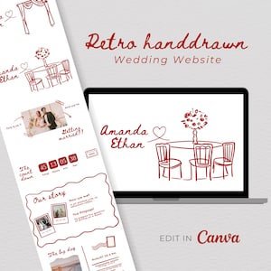以下が含まれることがあります： レトロスタイルの結婚式のウェブサイトデザイン。手描きの赤いイラストが特徴です。結婚式のテーブルセッティングを表示するラップトップと、結婚式の詳細が記載されたモバイルレイアウトが含まれています。「Amanda & Ethan」と「Edit in Canva」のテキストが含まれています。