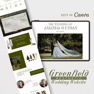 Puede incluir: Diseño de sitio web de bodas con una foto de los novios, el texto "THE WEDDING OF AMANDA & ETHAN 08-24-25" y las palabras "Greenfield Aesthetic Wedding Website". El diseño incluye un mapa de bodas, código de vestimenta y detalles de la fiesta de bodas.