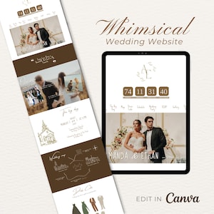 Op de afbeelding: Digitaal trouwwebsite-ontwerp met een bruin en wit kleurenschema. Het ontwerp bevat foto's van een stel, een afteltimer en de tekst "Whimsical Wedding Website". De website wordt weergegeven op een tablet en een mobiele weergave.