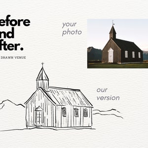 Op de afbeelding: Een zwart-witte lijntekening van een kerk met een toren. De tekening is op een witte achtergrond met de tekst "Voor en na. Met de hand getekende locatie" boven de tekening.