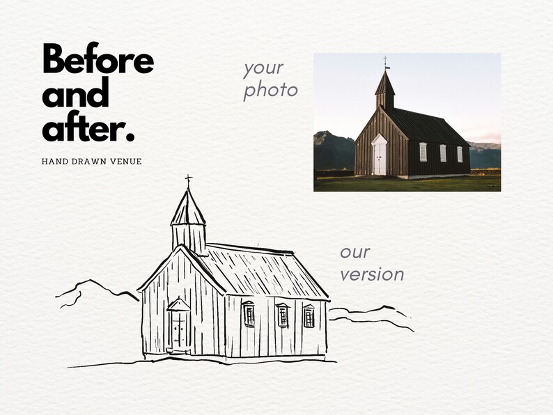 Op de afbeelding: Een zwart-witte lijntekening van een kerk met een toren. De tekening is op een witte achtergrond met de tekst "Voor en na. Met de hand getekende locatie" boven de tekening.