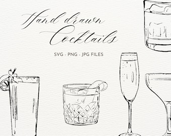 Icone di cocktail disegnate a mano, clipart di drink classici (SVG, PNG, JPG) Bar per matrimoni, menu, feste, bevande