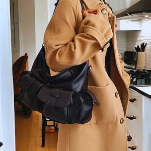 Stylish Vegan Leather Shoulder Bag, Spacious Multi-Pocket Brown & Black Crossbody Purse for Women, Leather Shoulder Bag, Laptop Carry On Bag