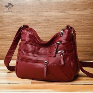 Leather Shoulder Bag, Soft Leather Large Capacity Bag, Woman's Shoulder Purse, Crossbody Large Bag, Multi-Zipper Leather Purse