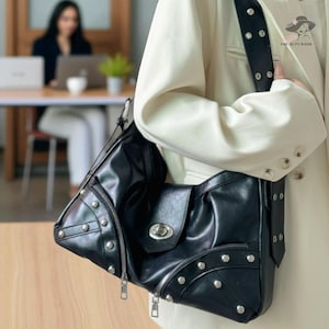 Bolsa feminina retrô para motocicleta, bolsa de ombro de couro, bolsa com vários zíperes, bolsa grande, bolsa para o dia a dia, bolsa com alça única, bolsa transversal