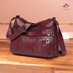 Leather Shoulder Bag, Soft Leather Large Bag, Woman&#39;s Shoulder Purse, Crossbody Bag, Multi-Zipper Leather Purse, Double Strap Purse