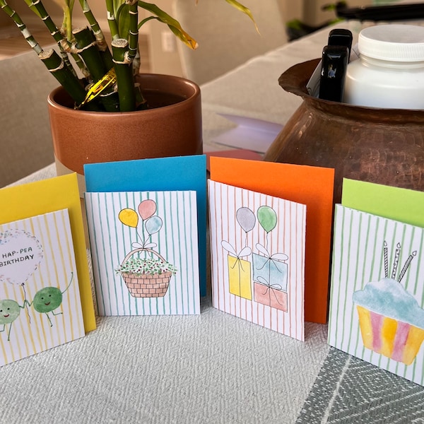 Cute mini cards original designs painted with watercolor, with multicolored envelopes, birthday, celebration, anniversary.