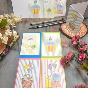 4 handmade birthday and all occasion cards with multicolored envelopes, birthday, celebration, anniversary.