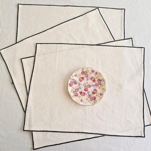 Cotton Table Placemats, Rectangular 14.75 x 19 Inches, White with Black Border, Handstitched and Handpainted, Set of 4