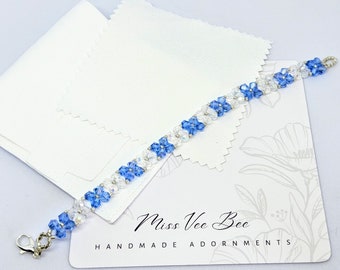 Dainty Blue & Clear Criss-Cross Crystal Beaded Bracelet, Japanese Glass Beads | Handmade Jewelry Jewellery