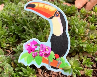 Pegatina de tucán: pájaro de vinilo mate con flores tropicales