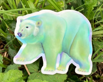 Pegatina de vinilo troquelada con diseño de oso polar cromático, colores inspirados en el cristal.
