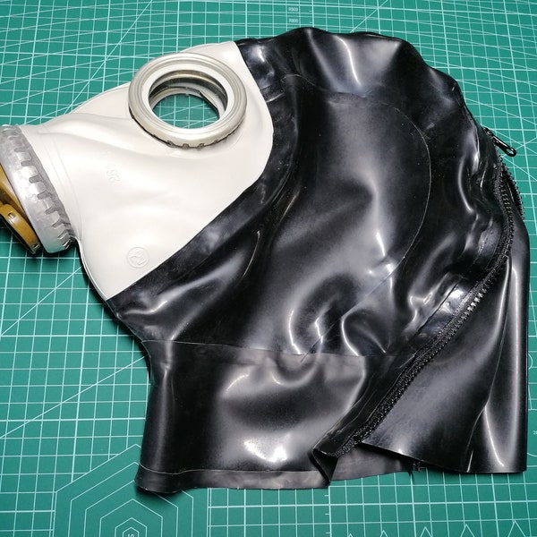 Latex Gasmaske GP5 mit geklebter Haube, Reißverschluß und Haarklemmschutz