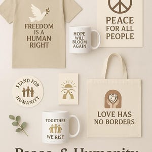 Può includere: Una collezione di articoli beige con temi di pace e umanità. Include una maglietta con un grafico di colomba, tazze con testo, una borsa tote e un adesivo rotondo. Il testo include "Freedom is a Human Right" e "Love Has No Borders."