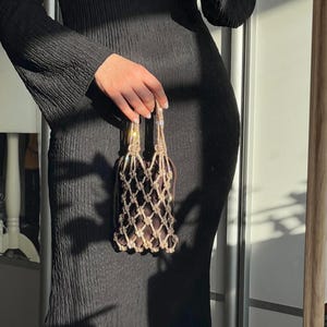 Gold Shimmer Macrame Handbag | Sparkling Evening Purse Boho Clutch (Handmade)