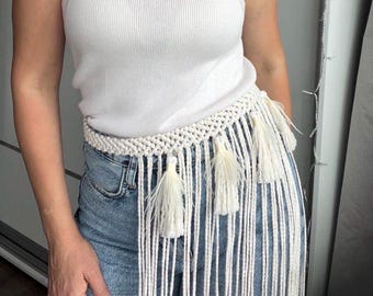 Macrame Belt Necklace | Feather Tassel Cotton Accessory | Boho Waist Chain