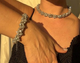 Handmade Sparkly Choker & Bracelet Set | Glitter Party Jewelry (Silver)