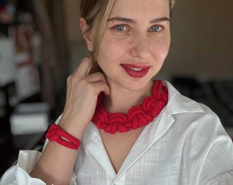 Red Macrame Necklace and Bracelet Set | Handmade Statement Jewelry | Custom Size | Boho Gift