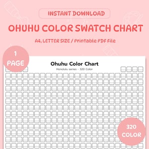 Könnte beinhalten: Ein druckbares Ohuhu-Farbmusterdiagramm mit dem Text "Sofort-Download" und "Ohuhu-Farbmusterdiagramm". Das Diagramm ist mit "A4, LETTER SIZE / Druckbare PDF-Datei" beschriftet und enthält 320 Farbfelder.
