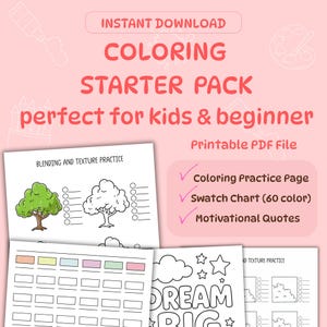 Pacchetto introduttivo di colorazione facile per bambini e principianti in formato PDF con fogli di esercizi, tabella dei campioni e pagine con citazioni motivazionali.