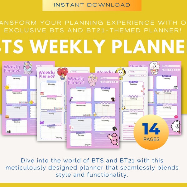 BTS Weekly Planner | BT21 Weekly Planner | KPOP Stationery Journal Organizer Notion Template | A4 Planner Digital Instant Download