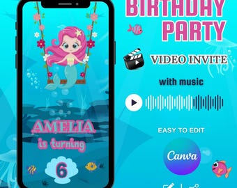 Mermaid Birthday Party Invitation Animated Video Template Canva Editable Mermaid Girl Birthday Invite Digital Mermaid Birthday Invite