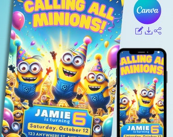 Minion Birthday Invitation Template, Printable Birthday Party Invitations, Digital Kids Party Invite Template