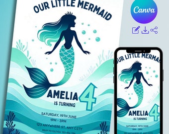 Mermaid Party Invitation, Girls Mermaid invitation, Our Little Mermaid Birthday Party Invitation, Editable Mermaid Invite