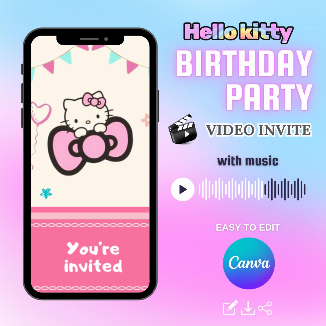 Kitty Birthday Party Invitation Animated Video Template Canva Editable Kitty Girl Birthday Invite Digital Kitty Birthday Invite