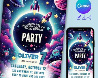 Outer Space Birthday Invitation Template, Planets Rocket Ship Printable Birthday Party Invitations, Digital Kids Party Editable Invitation