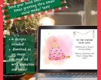 Cozy Sleeping Kitty Cat in Pink Blanket | Christmas E-Card | Digital Download