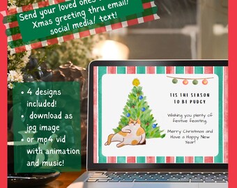 Festive Felines - A Lazy Cat and Cozy Tree Scene: Christmas E-Card, Digital Cards, Digital Download, Virtual Card
