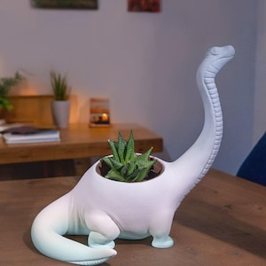 Puede incluir: Una maceta con forma de dinosaurio blanco y azul que contiene una suculenta verde. La maceta tiene un cuello y una cola largos, con un efecto de color degradado. La suculenta está plantada en una maceta marrón.