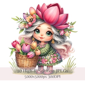 Tulips Gnome Clipart, 10 Watercolor Spring Gnomes, Floral Garden Gnome JPEGs for Scrapbooking, Junk Journals, Paper Crafts, Instant Download