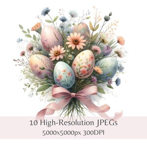 Clipart de Pâques - 10 bouquets d'oeufs de Pâques aquarelles de haute qualité pour sublimation, travaux manuels imprimables, scrapbooking, téléchargement immédiat