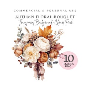 Ramo floral de otoño PNG - 10 imágenes prediseñadas de flores de otoño en acuarela, PNG de alta resolución para imprimir, manualidades y álbumes de recortes de otoño, descarga digital