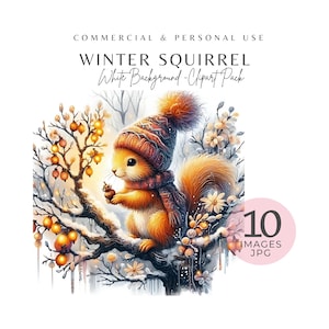 Clipart écureuil hiver - 10 décorations aquarelle animaux de la forêt, fichiers JPEG haute résolution pour clipart imprimable, scrapbooking et créations manuelles, téléchargement numérique