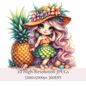 Clipart de gnomo de piña, 10 gnomos de frutas de verano en acuarela, JPEG de alta resolución para impresiones de guardería, álbumes de recortes y manualidades con papel, descarga instantánea