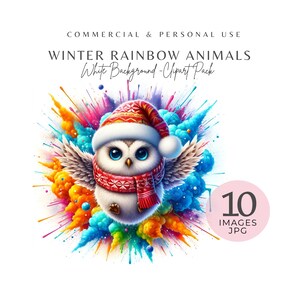 Winter Rainbow Animals Clipart-10 Watercolor Woodland Animals, High-Res JPEGs for Printable Holiday, Scrapbooking & Crafts, Digital Download