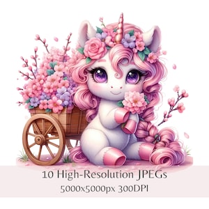 Kirschblüten Einhorn Clipart | Aquarell Frühling Kunst | 10 hochauflösende JPEGs für Kinderzimmer Drucke, Scrapbooking & Basteln, Sofort Download