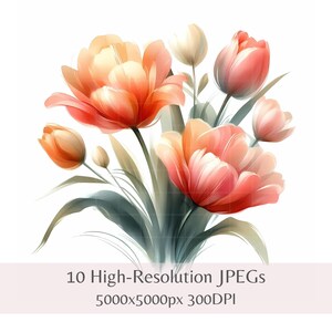 Watercolor Tulips Clipart, 10 Spring Floral JPEGs, Botanical Flower Illustrations for Scrapbooking, Junk Journals & Crafts, Instant Download