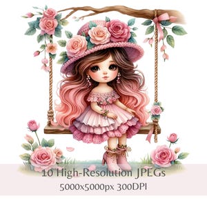Clipart de gnomos de rosas rosadas: 10 gnomos primaverales en acuarela / gnomos florales de jardín en formato JPEG para scrapbooking, revistas, manualidades y descarga instantánea.